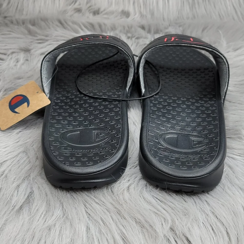 Champion Super Slide Split Script Logo Black Red Sandals